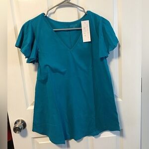 NWT! ATUN Teal V-Neck Flutter Sleeve Blouse